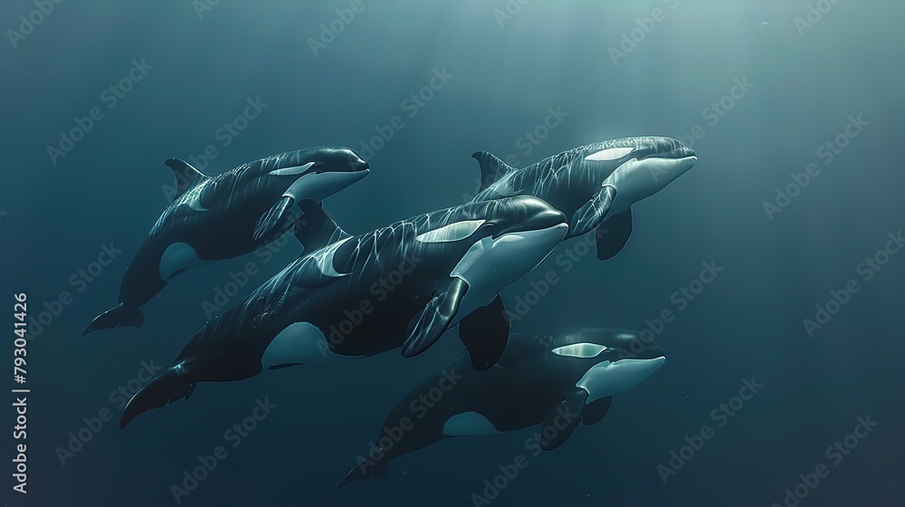 Obraz premium A pod of orcas swimming together underwater, illustrating marine life and familial bonds.