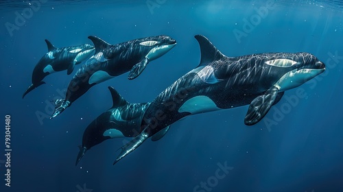 A pod of orcas swimming together underwater  illustrating marine life and familial bonds.