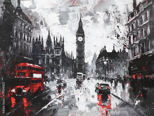 An oil painting on canvas portraying a street view of London, focusing on the iconic landmark, Big Ben, along with other elements characteristic of the cityscape. 