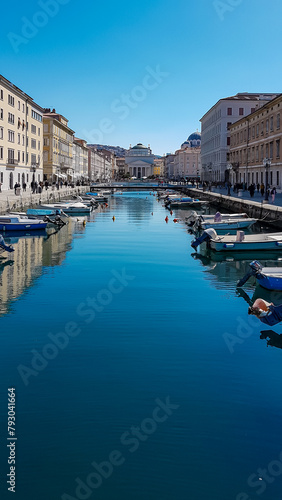 Obraz na płótnie Scenic view of Trieste channel Canal Grande in Friuli-Venezia Giulia, Italy, Europe. Boats floating on calm water surface with reflection. Urban scene near Ponte Rosso. Blue sky in tranquil atmosphere w salonie