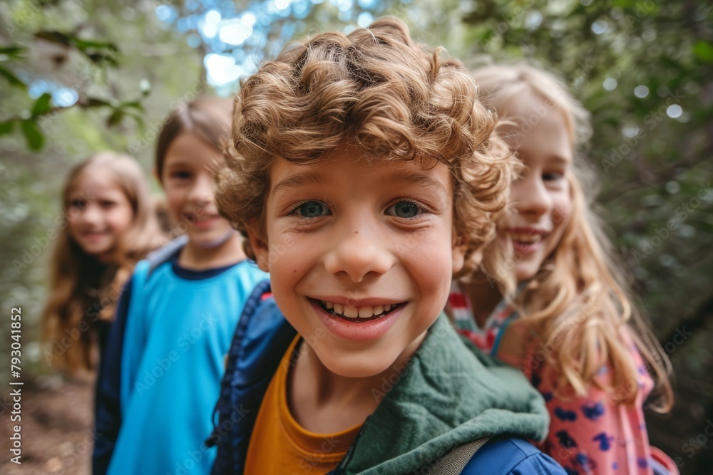Portrait of a smiling boy with his friends in the forest. Portrait of a smiling boy with his friends in the forest.