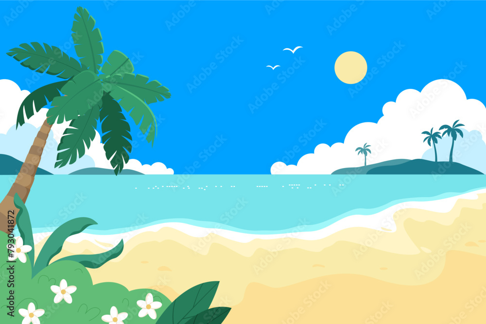Summer exotic sea view. Paradise coast with palms, flowers, sea, beach. Sunny day. Island beach vacation.
