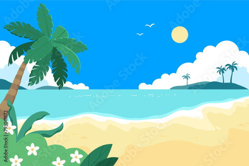 Summer exotic sea view. Paradise coast with palms, flowers, sea, beach. Sunny day. Island beach vacation. © olechkaart