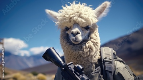 Alpaca Animal Soldier With Sniper Rifle - Generative AI