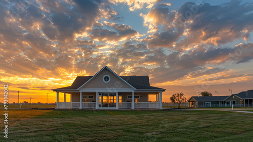 Majestic sunset behind a new community clubhouse with a white porch and gable roof, featuring a semi-circle window, in high resolution.