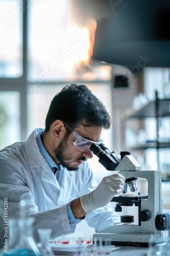 A man in a lab coat is looking through a microscope