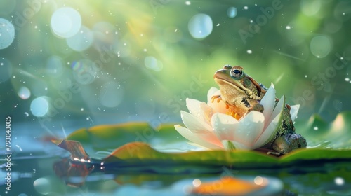 TOAD ON A LOTUS LEAF in a pond during the day at dawn in high resolution and high quality HD