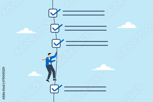 Businessman climbing rope to completed work checklist illustrating completion of tasks or todo lists. Concept of checking off items, achieving productivity goals, and following success plan