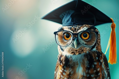 An owl wearing glasses and a graduation cap. Generative AI photo