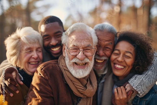 Group of diverse senior friends smiling and looking at camera in the park