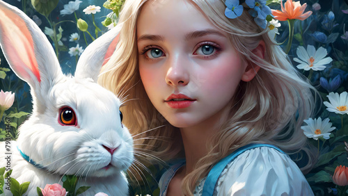 Alice with White Rabbit in the magical forest of Wonderland.Illustration, painting style.Generative AI.
