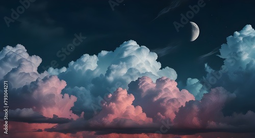 Background image about Fluffy clouds, beautiful colors and moon, modern aesthetic style