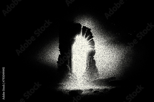 Ancient ruins in sci-fi scene with dotwork retro style. Mysterious gate debris with dramatic lights and retro texture