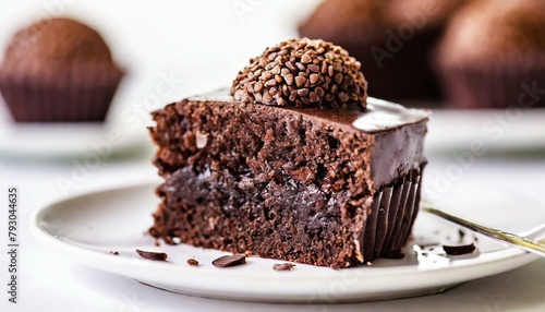 Fatia de bolo brigadeiro servida em um prato de sobremesa. Mesa branca. Foto Close-up. Sobremesa, Brasileira, Chocolate, Granulado, Comida Brasileira.