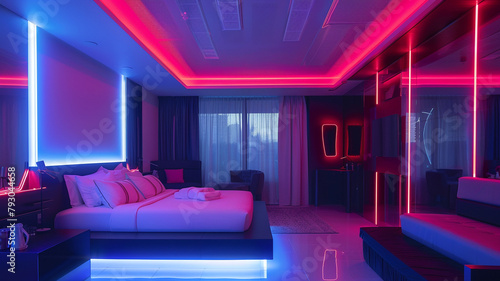 Neon light strips lining the ceiling and floor of a modern, minimalist hotel room.