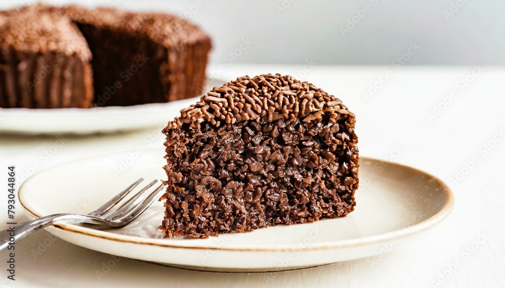 Fatia de bolo brigadeiro servida em um prato de sobremesa. Mesa branca. Foto Close-up. Sobremesa, Brasileira, Chocolate, Granulado, Comida Brasileira. Fatia de bolo brigadeiro servida em um prato de sobremesa. Mesa branca. Foto Close-up. Sobremesa, Brasileira, Chocolate, Granulado, Comida Brasileira.