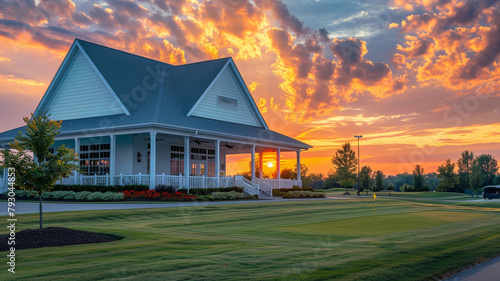 New clubhouse with a pristine white porch and gable roof captured under a breathtaking sunset in ultra HD. photo