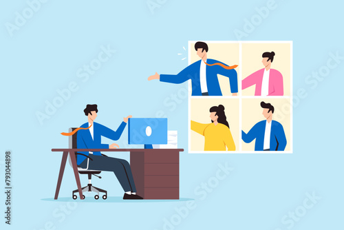 Businessman sitting in office engages in conference call with people working from home. Concept of hybrid work, work remotely from home or come into office, flexible workplace to enhance productivity
