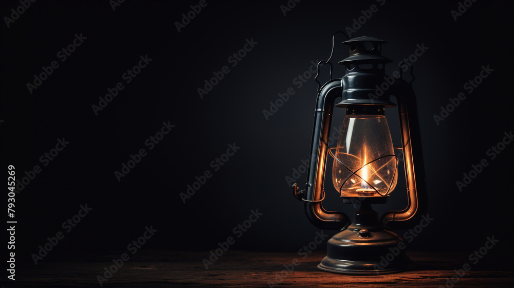 vintage oil lamp turned on with simple background, moody lighting, dark room сreated with Generative Ai