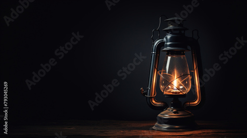 vintage oil lamp turned on with simple background, moody lighting, dark room сreated with Generative Ai