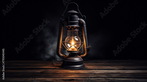 vintage oil lamp turned on with simple background, moody lighting, dark room сreated with Generative Ai photo