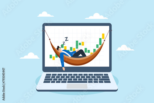 Successful investor sleeps on computer displaying financial graph, illustrating passive investment. Concept of making passive money or earning, wealth management strategies, and financial freedom