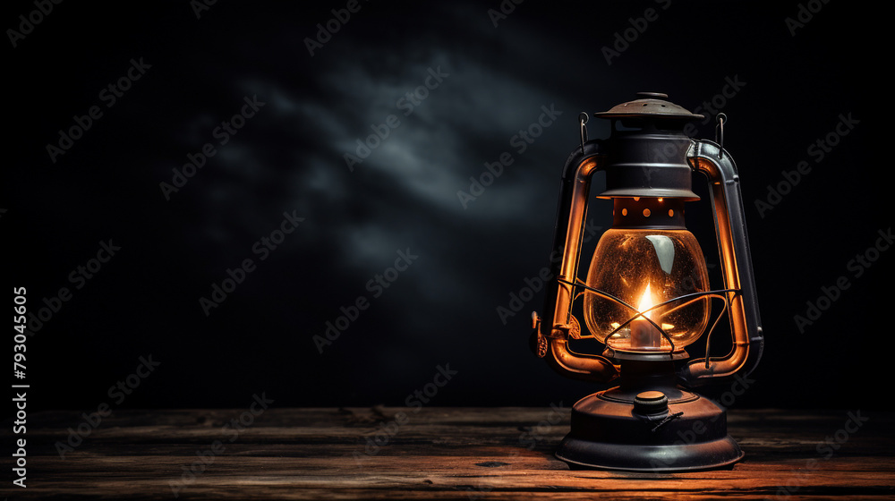 vintage oil lamp turned on with simple background, moody lighting, dark room сreated with Generative Ai