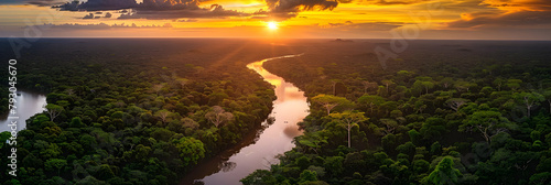 Amazon Aerial Symphony: A Mesmerizing Sunset Over the Vast Amazon Rainforest,  photo