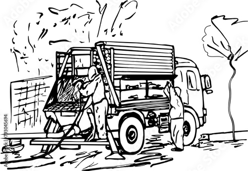 Drawing of a car with a concrete pump and pipes on a platform. Workers are engaged in maintenance and rinsing with water the receiving hopper of the concrete pump