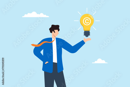 Businessman holding light bulb idea with copyright symbol illustrating protecting intellectual property. Concept of reserving copyright, trademarking original idea or innovation, and legal protection