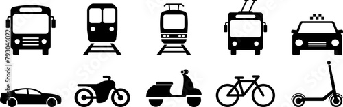 Bus, tram, trolleybus, subway, scooter, moped, bicycle and car flat icons as symbols of city transport