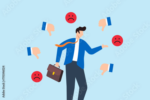 Businessman response to negative feedback, illustrating addressing dissatisfaction, dislikes, or bad customer reviews. Concept of handling complaints, and acknowledging business mistakes or problems