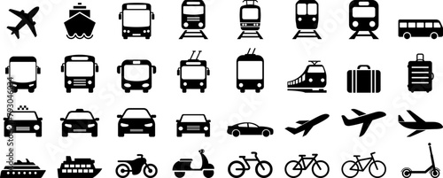 Bus, tram, trolleybus, subway, train, ship, bicycle and car flat icons as symbols of transport