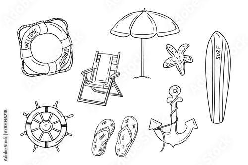 Monochrome set of summer beach items in doodle style. Vector hand drawn contour sketchy drawings of thing related to summer vacation. Isolated stuff on white background