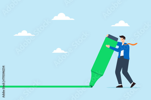 Serious businessman highlights important markers with highlighter pen, illustrating highlighting crucial information. Concept of reminders, or notes for business messages and plans for success