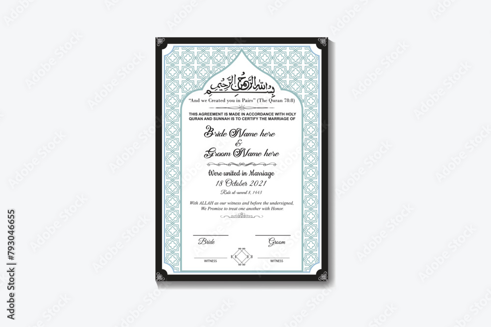 Elegant Arabic style Nikkah Islami Marriage Certificate Design 