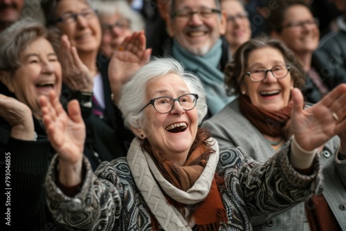 Happy senior woman with glasses standing in front of crowd of pensioners