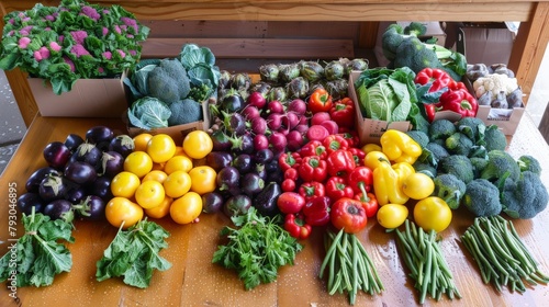 A farmer s market haul of fresh produce  the morning light accentuating the dew on organic fruits and vegetables  ready for a healthy meal prep.