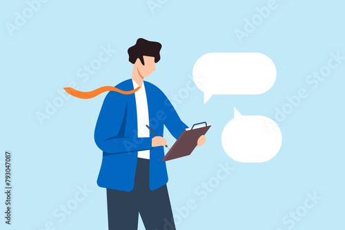 Confident businessman takes notes during meeting while listening to information from others. Concept of note taking or minutes of meeting, capturing key points, conclusions, or summaries