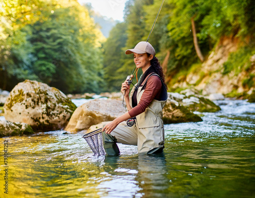 young woman fly fishing in a mountain river in spring day photo