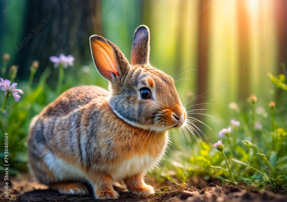 Fototapeta premium Rabbit Sitting in Field of Flowers. Close-up portrait of a cute rabbit.Little happy funny rabbit sitting in nature
