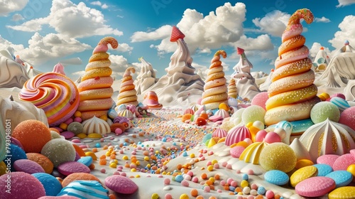 Dreamy candyland with swirls and pastel confections at sunset