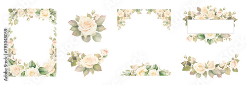 Watercolor vector floral border. White roses and greenery frames clipart. Watercolor wedding invitation template with arrangement flower and leaves. Pastel roses bouquets and borders.  © Yevheniia Poli