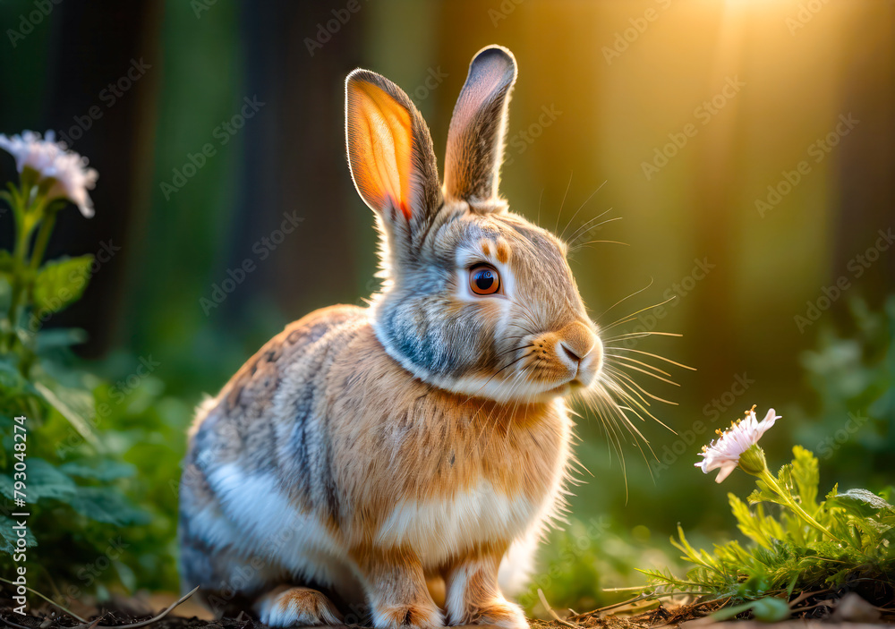 Obraz premium Rabbit Sitting in Field of Flowers. Close-up portrait of a cute rabbit.Little happy funny rabbit sitting in nature