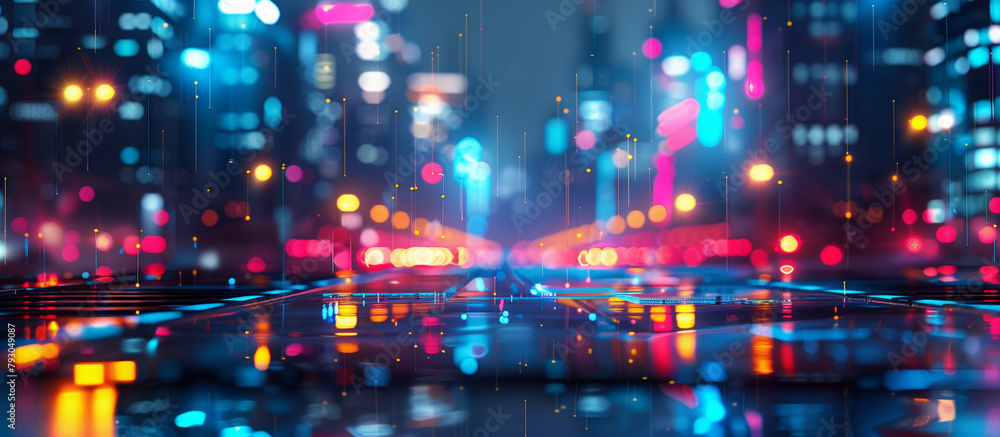 A cityscape at night depicted with futuristic neon lighting patterns and bokeh effects to suggest depth and distance. , natural light, soft shadows, with copy space