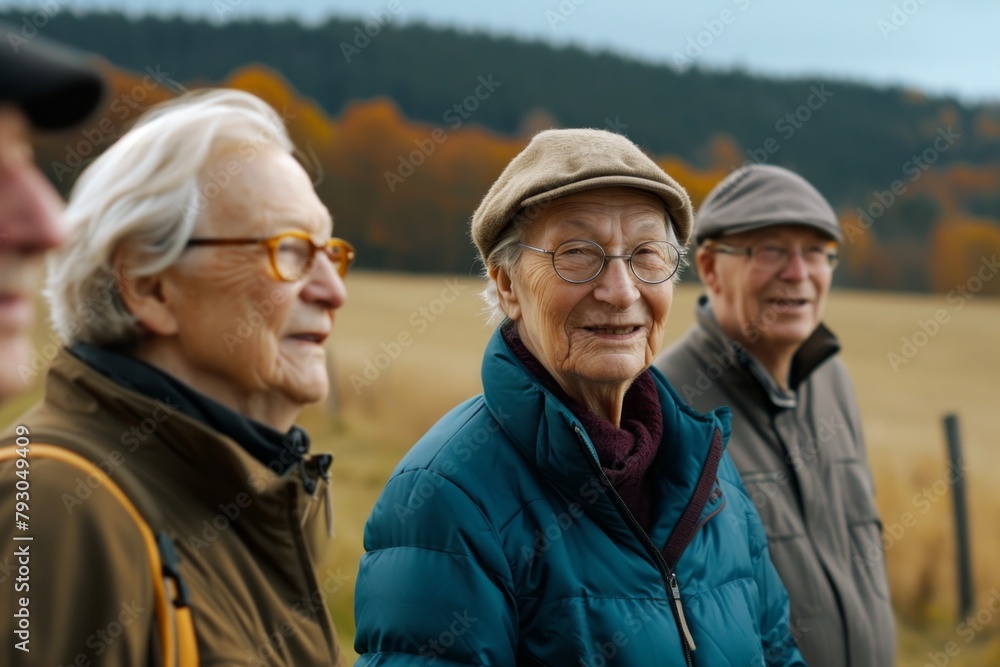 Elderly people walking in the autumn forest. Group of pensioners walking in nature. Elderly people walking in the autumn forest. Group of pensioners walking in nature.