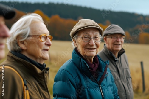 Elderly people walking in the autumn forest. Group of pensioners walking in nature.