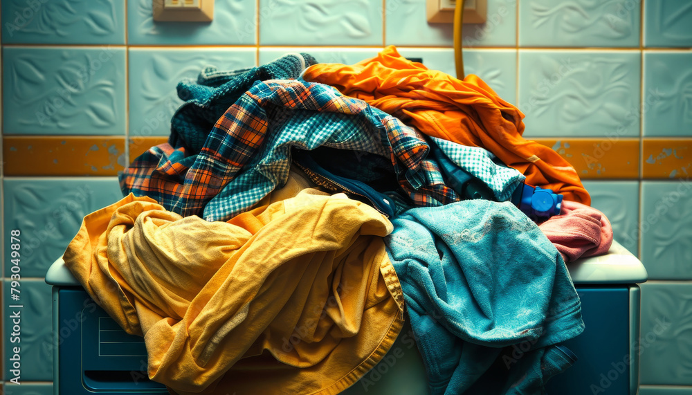 A pile of clothes is on top of a washing machine by AI generated image - obrazy, fototapety, plakaty 