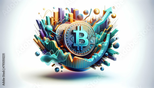 Dynamic 3D Bitcoin Market Momentum Icon with Abstract Chart Design - Stock Concept