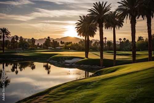 golf course at beautiful sunset with palm trees and sand dunes